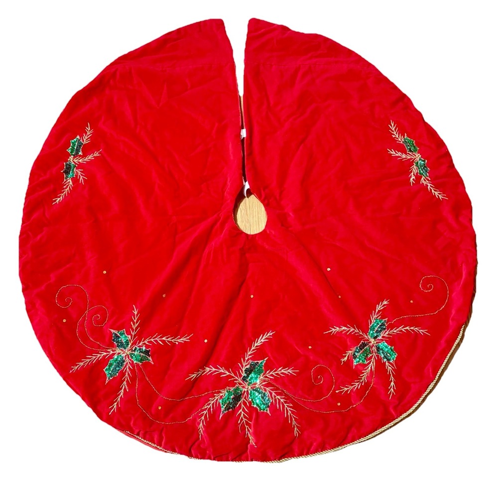 Christmas Tree Skirt VTG Sequin Holly Leaves Embroidery Velor Red 47 Inches